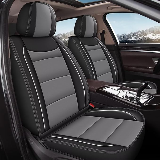 YORKNEIC 2 Front Seat Covers Fit for Hyundai Kona 2018-2024 2025: Leather Car Seat Covers - Waterproof Car Seat Protector Compatible Airbag (Black & Grey)