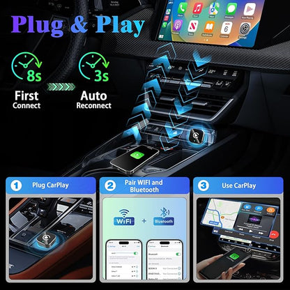 Wireless CarPlay Adapter for iPhone, 2025 Upgrade Convert Wired to Wireless Car Play Dongle, Mini Size USB Design for Apple CarPlay Adapter, USB-A/Type-C, No Delay, Plug and Play & Stable Control