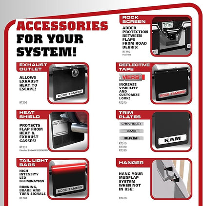 Rock Tamers 00110 - 2.5" Official Mudflap System - 2.5" Hitch Receiver - Hitch Mounted Mud Flaps to Protect What You Tow - Removeable and Adjustable-Black/Stainless Steel - 1 System