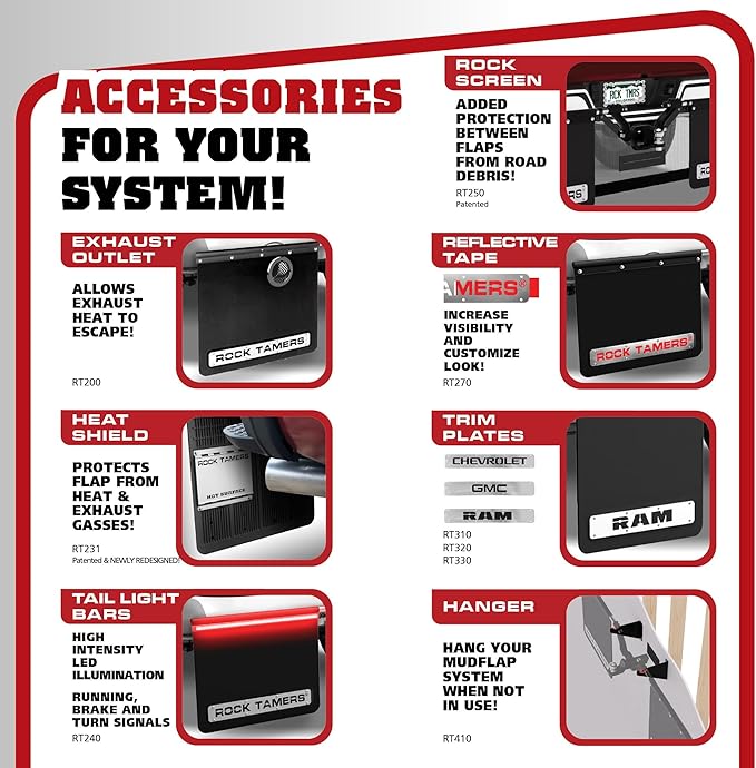 Rock Tamers 00110 - 2.5" Official Mudflap System - 2.5" Hitch Receiver - Hitch Mounted Mud Flaps to Protect What You Tow - Removeable and Adjustable-Black/Stainless Steel - 1 System