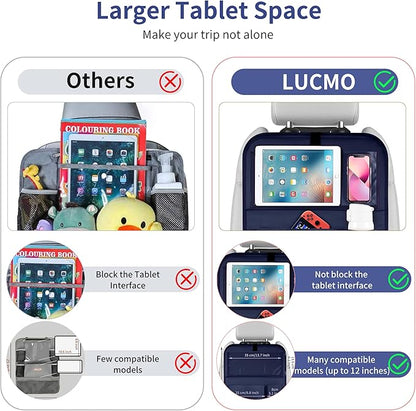 LUCMO Car Backseat Organizer with Tablet Holder,6 Storage Pockets Car Storage Organizer with Foldable Food Tray,Seat Protectors Kick Mats Travel Accessories-Dark Blue