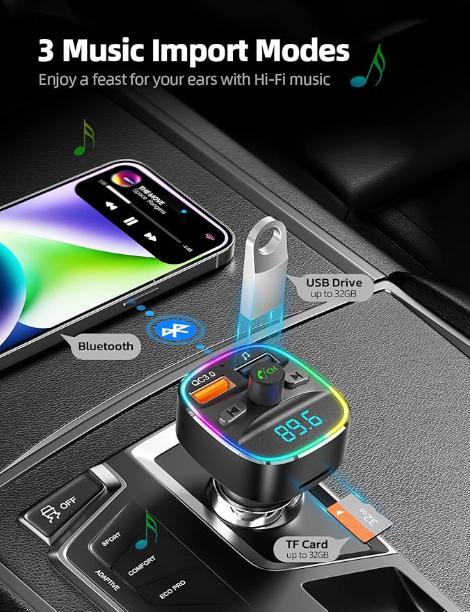 Nulaxy Bluetooth FM Transmitter, Bluetooth Car Adapter with Dual USB Charger Wireless Radio Car Kit MP3 Player Support TF Card & USB Disk, Hands-Free Calling, 7 Colors Led Backlit Light, Black