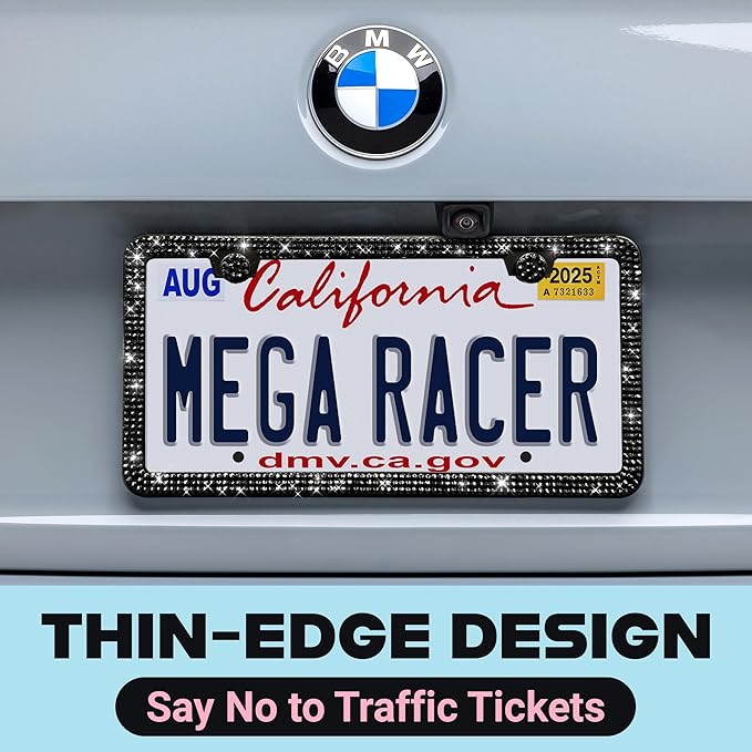 Elegant Bling License Plate Frames for Women - 2 Pack, 1600 Premium Black Rhinestones, Rust-Free Stainless Steel, Street Legal Slim Design, Sparkly Diamond Car Tag Holders with Glitter Crystal Covers