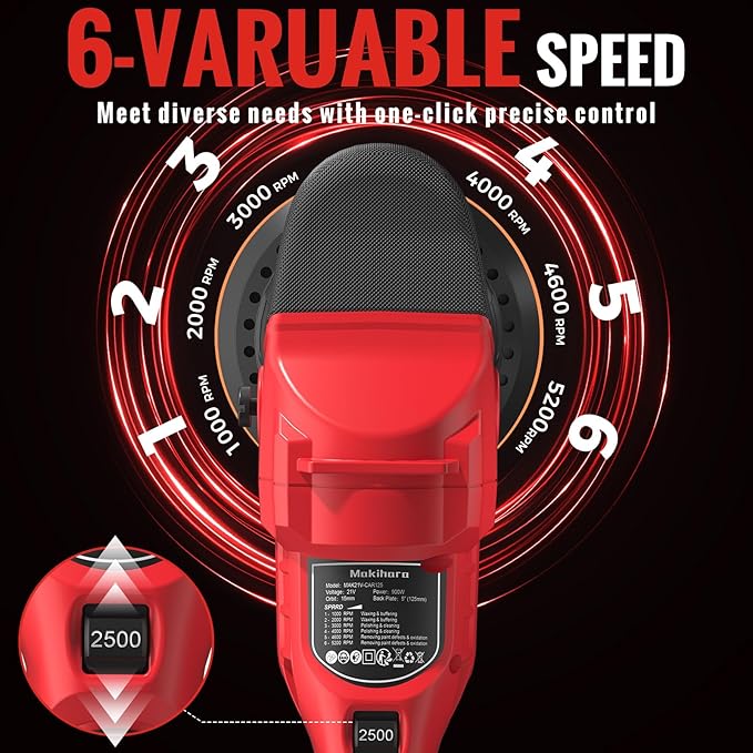 Cordless Buffer Polisher, 5 Inch Random Orbital Car Buffers Waxer and Polishers Kit, 6 Variable Speed 1000-5200 RPM, 21V 3.0Ah Batteries ,for Car Detailing, Waxing, Boat Sanding, Scratch Removing