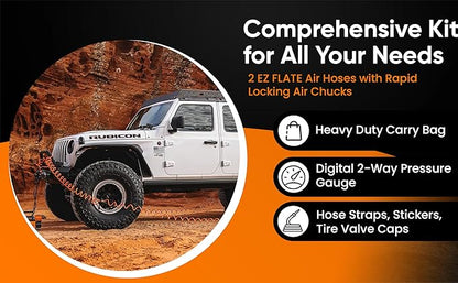 EZ FLATE 4 Tire Hose System | Heavy Duty | Truck or Car Tires | UTV Side By Side Tires | Fast Inflation | 4 Tires at Once | Auto Equalize | Quick Connest Air Chucks (Recoil Hose System)