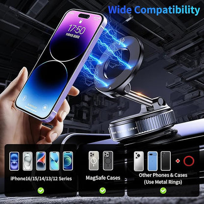 Vacuum Magnetic Car Phone Holder,360°Adjustable Magnetic Phone Holder,Hands-Free Suction Cup Phone Mount for MagSafe,Cell Phone Holders for Your Car for All Smartphones & All Car Models