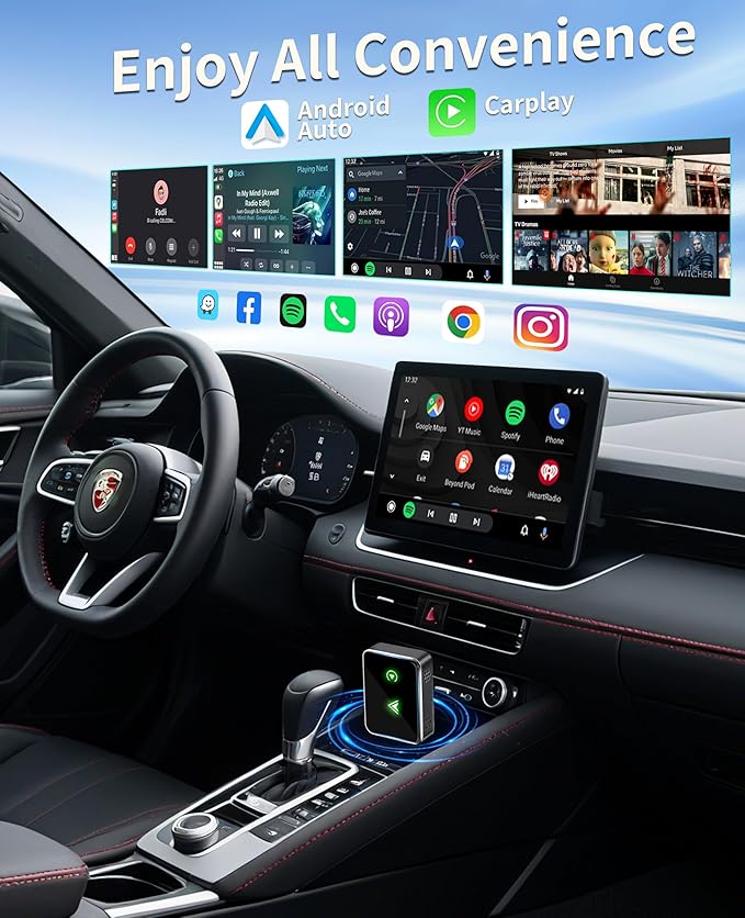 Carplay Wireless Adapter, 2 in1 Carplay & Android Auto 2025 Upgraded Wireless Adapter, Converts Wired to Mini Size Car Play, Fast Auto-Connect, No Latency, Plug and Play, USB A/C