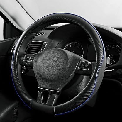 PIC AUTO Steering Wheel Cover, Blue Piping Leather, Sports Carbon Fiber and Super Breathable Leather, Universal 14.5-15.5 Inch Anti-Slip Steering Wheels Accessories for Men & Women