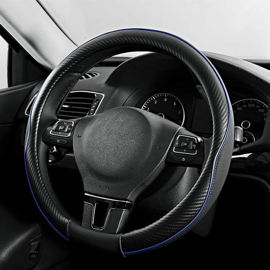 PIC AUTO Steering Wheel Cover, Blue Piping Leather, Sports Carbon Fiber and Super Breathable Leather, Universal 14.5-15.5 Inch Anti-Slip Steering Wheels Accessories for Men & Women
