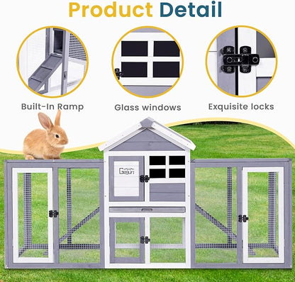 GEGURI Wooden Rabbit Hutch, Indoor Outdoor Chicken Coop Bunny Cage with Waterproof Roof