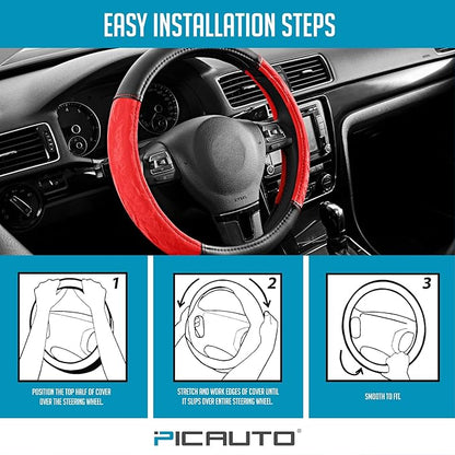 PIC AUTO Steering Wheel Cover, Silk Grain Leather Car Steering Wheel Protector, Comfortable Grip, Universal 14.5-15.5 Inch Anti-Slip Steering Wheels Accessories for Men & Women (Red)
