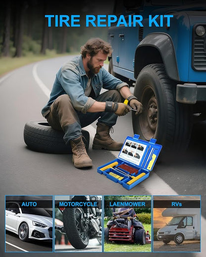 Tire Repair Kit with Plugs, Tire Plug Kit Heavy Duty Professional for Car, ATV, Motorcycle, Truck, Flat Tire Emergency Repair