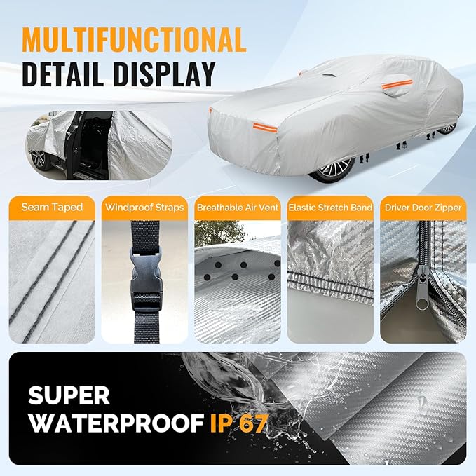 30 Layers Car Cover for Automobiles All Weather Waterproof, Outdoor Snowproof UV Protection Windproof, Door Zipper, Soft Cotton, Heavy Duty Universal Car Covers, (Silver, Fit Sedans 201"-210")