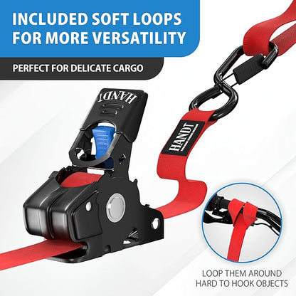 HandT USA Based Retractable Ratchet Straps (2PK) 1in x 6ft - 1,500lb Break Strength, Heavy Duty Automatic Ratchet Straps Self Retractable Tie Down, Push Button Retracting Truck Trailer Cargo | Red