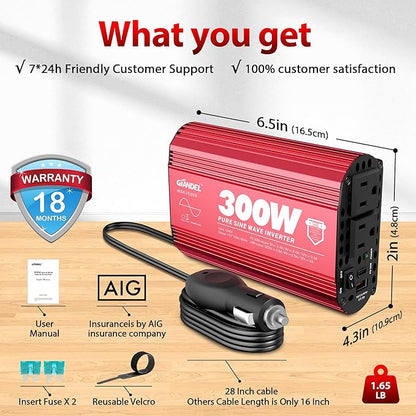 300Watt Pure Sine Wave Power Inverter for Car with PD30W Type C and QC 3.0 USB Car Converter Adapter with Dual USB Ports for Smartphones Laptops Tablets Starlink