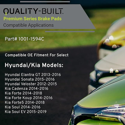 Premium Ceramic Rear Brake Pads (1001-1594C) Compatible with 2012-2019 Hyundai/Kia (Cadenza/Elantra GT/Forte/Forte Koup/Forte5/Sonata/Soul/Soul EV/Veloster)