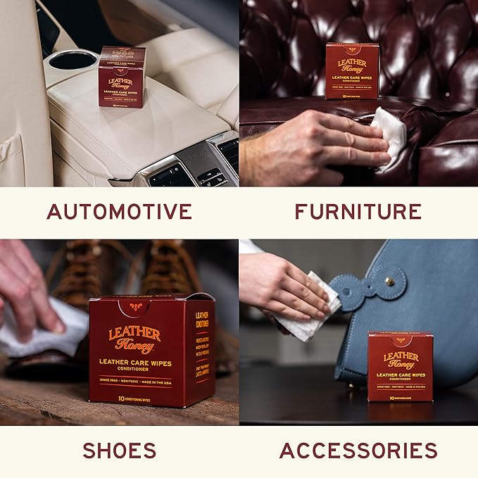 Leather Honey Leather Conditioner Wipes: Restore Leather On-The-Go. Protect & Condition Leather Couches, Car Seats, Purses, Shoes, Bags & Tack. Safe for Any Color. 10 Non-Toxic, Ready-to-Use Wipes