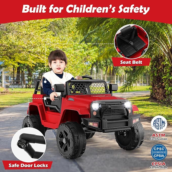 Costzon Ride on Car, 12V Battery Powered Truck Vehicle with Remote Control, Spring Suspension, Headlights, Music, Horn, MP3, USB & Aux Port, Gift for Boys Girls, Electric Car for Kids (Red)