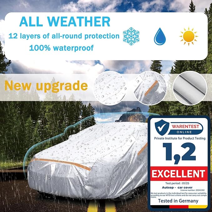 Autsop SUV Car Cover Waterproof All Weather,12-Layer Car Covers for Automobiles Outdoor Heavy Duty Full Exterior Covers for SUV(176-187 Inch)
