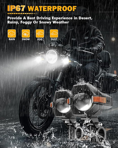 Auxbeam Motorcycle LED Fog Lights Auxiliary Lights Driving Light Spotlights 8 Modes White/Amber Dual Color Strobe Switchback 3 Inch 60W LED Offroad Work Light for Motorcycle ATV UTV Trucks - 2Pcs