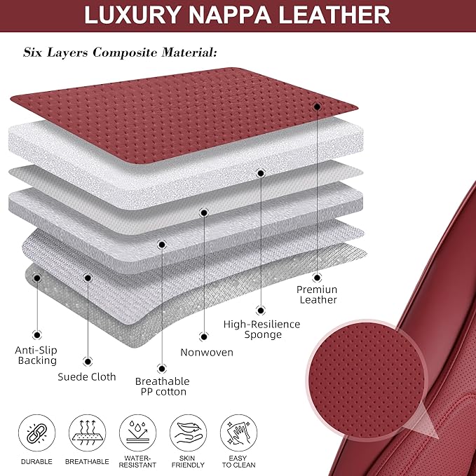 Front Seat Covers, 2 Pieces Universal Seat Covers for Cars, Waterproof Leather Auto Seat Protectors with Head Pillow, Car Seat Cushions Fit for Most Sedans SUV Pick-up Truck, Wine Red