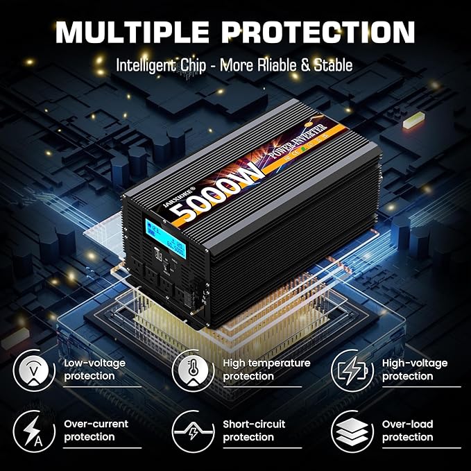 5000 Watt Power Inverter 12V DC to 110V 120V Converter for Family RV Off Grid Solar System Car with Type-C Ports 3 AC Power Outlets Dual USB Ports LCD Display Wireless Remote Control