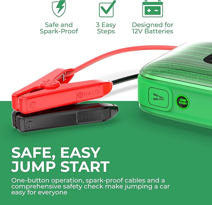 HALO Bolt Ultimate 3 Portable Car Battery Jump Starter | 130 PSI Air Compressor, 55.5Wh USB Power Bank, Large Display, Emergency Floodlight & Charger, Jumps Cars SUVs & Trucks, Inflates Tires — Green