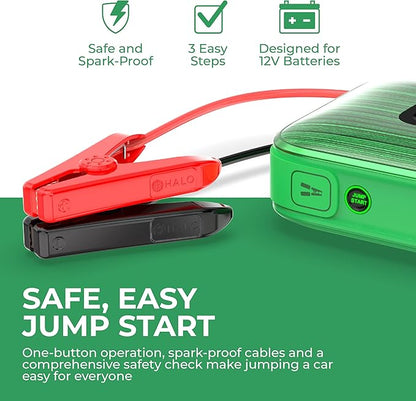 HALO Bolt Ultimate 3 Portable Car Battery Jump Starter | 130 PSI Air Compressor, 55.5Wh USB Power Bank, Large Display, Emergency Floodlight & Charger, Jumps Cars SUVs & Trucks, Inflates Tires — Green