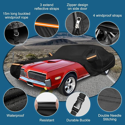Car Cover for Mercury Cougar 1967-1973,1980-1997, Waterproof 210D Oxford Cloth and Cotton Cover Outdoor Car Cover with Zipper Windproof Heavy Duty All Weather