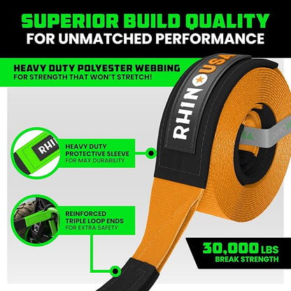 Rhino USA Recovery Tow Strap (4"x30') - 40,320lb Break Strength - Emergency Recovery Strap Tow Rope for Diesel Trucks, Backhoe, Excavators & More - Heavy Duty Towing Strap for Offroad 4x4 Use (Orange)