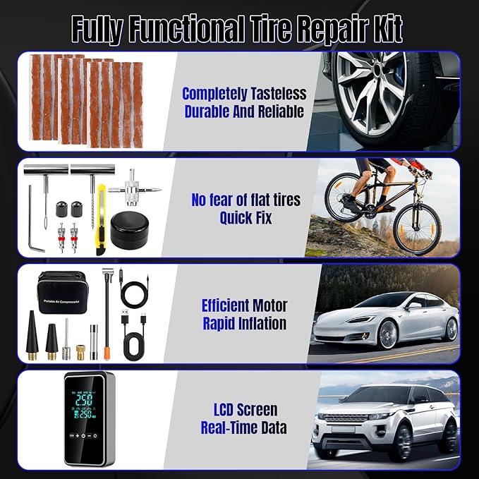 Tire Inflator Portable Air Compressor with Tire Repair Kit, 150PSI & 3X Faster Cordless Tire Pump with LCD Dual Display for Car, Bike, Motorcycle, Ball