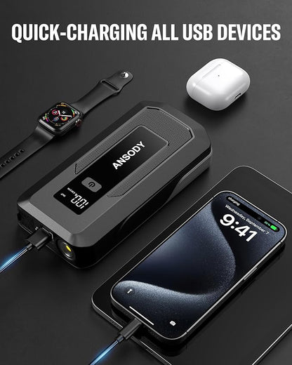 3000A Peak Car Jump Starter(Up to 10L Gas or 8L Diesel Engine), Battery Booster with Jump Leads, Built-in LED Floodlight & SOS, -20℃ Cold Cranking, Jump Box for 12V Pickup SUV Motorcycle
