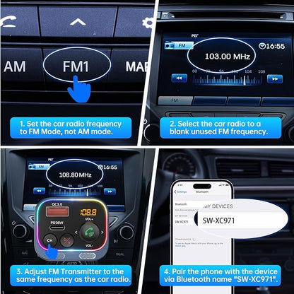 Syncwire Bluetooth 5.4 FM Transmitter Car Adapter 54W (PD 36W & 18W) [Fast Charging] [Stronger Dual Mics] [Light Switch] [HiFi Deep Bass] Wireless Radio Receiver Hands-Free Calling LED Display, Blue