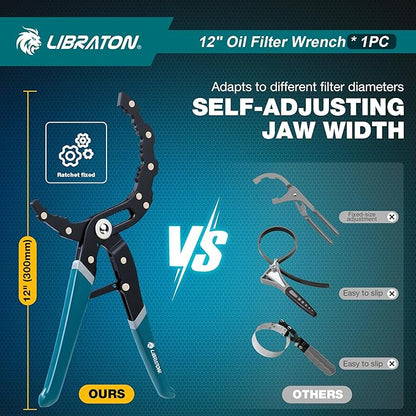 LIBRATON Oil Filter Wrench, 12" Oil Filter Pliers, Quick Adjustable Oil Filter Removal Tool with Spring Structure (2-3/8" to 4-3/4" Opening), One-Hand Use, for Cars, Motorcycles & Trucks