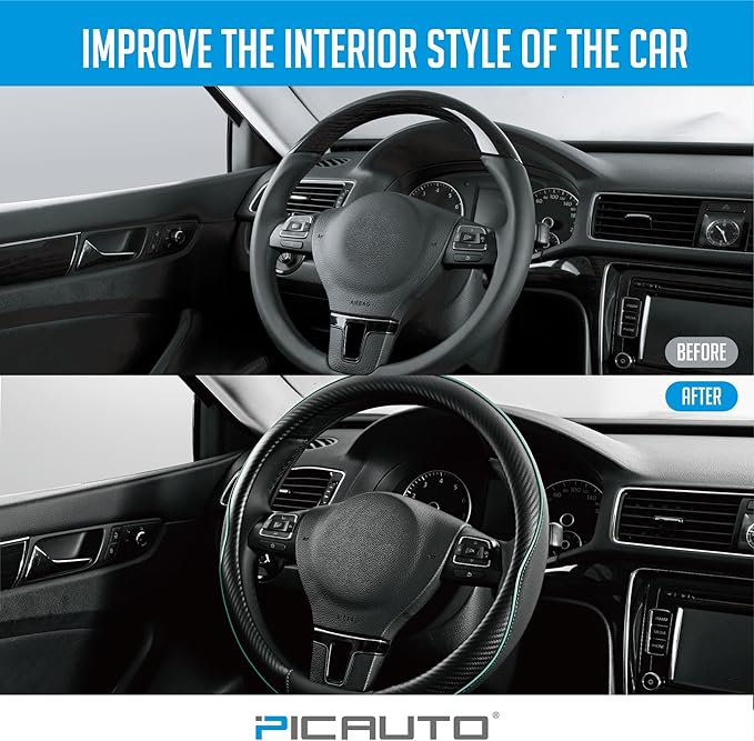 PIC AUTO Steering Wheel Cover, Mint Piping Leather, Sports Carbon Fiber and Super Breathable Leather, Universal 14.5-15.5 Inch Anti-Slip Steering Wheels Accessories for Men & Women