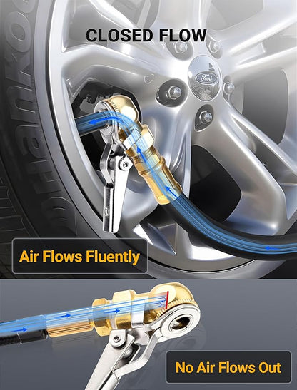 2-Pack 1/4'' Female NPT Air Chuck with Clip, Locking Closed Ball Tire Chuck with Inflator Adapter 1/4 NPT (m) to Schrader Valve (m), 2-Way Connection Tire Nozzle for Tire Inflator Air Compressor Hose