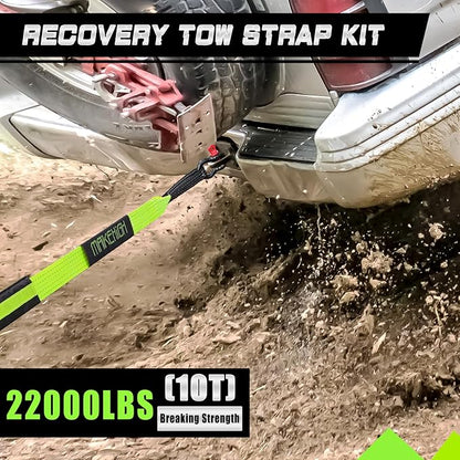 MAIKEHIGH Tow Strap Heavy Duty with Hooks, 2"×16ft (22,000Lbs) Recovery Strap with D-Ring Shackles (2pcs) + Protective Gloves (2pcs), Tow Rope for Car Truck SUV ATV (Green)