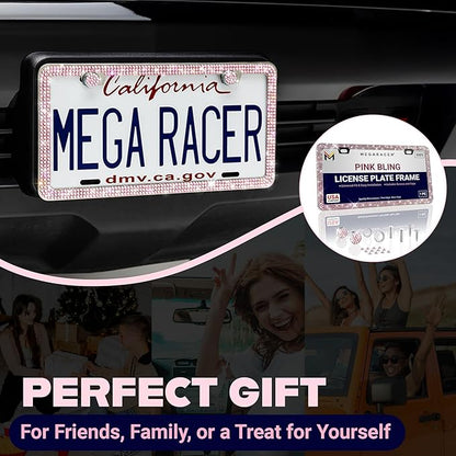 Glamorous Bling License Plate Frame for Women - 1 Pack, 800 Premium Pink Rhinestones, Rust-Free Stainless Steel, Street Legal Slim Design, Sparkly Diamond Car Tag Holder with Glitter Crystal Covers