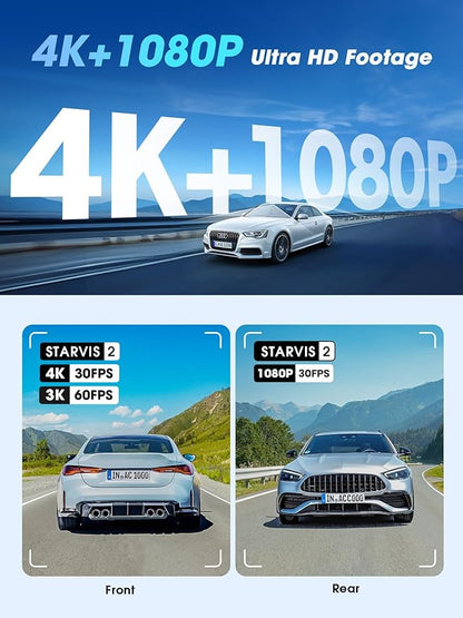 DDPAI Dash Cam Front and Rear, Dual STARVIS 2 IMX678 IMX662 Dashcam, 4K+1080P Dual HDR Car Camera with 32G eMMC, 3K/60FPS, 4G LTE Support, 5G WiFi GPS, 3" IPS, Night Vision, 24H Parking Mode, Z60 Pro