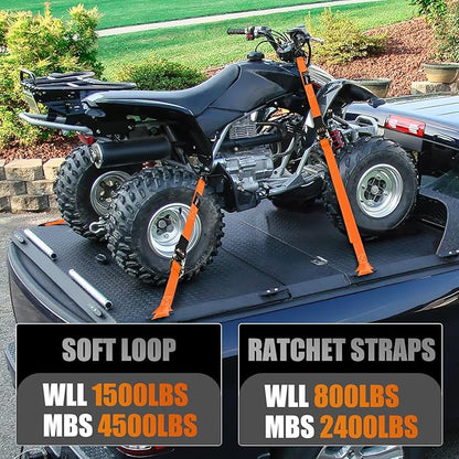 Nilight Ratchet Tie Down Straps 4500Lbs Max Break Strength 1”×15’ Heavy Duty Motorcycle Straps with S Hooks Rubber Handle and 1” ×12’ Soft Loop for UTV Motorcycle Moving Securing Cargo (Orange 4 Pack)