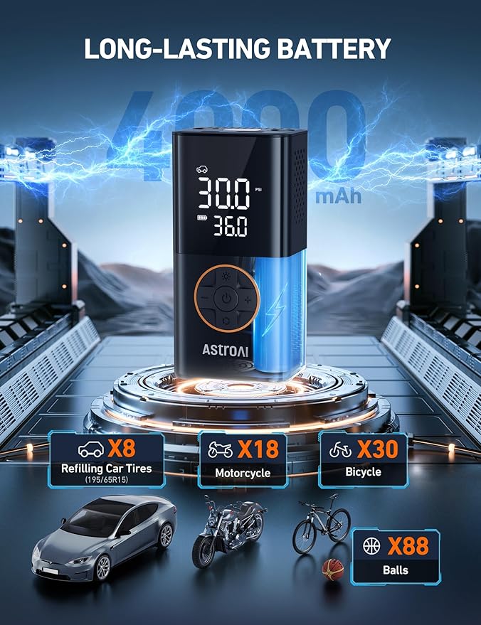AstroAI L7 Tire Inflator Portable Air Compressor Cordless-2pack Bike Pump with Digital Dual Values Display, 150 PSI Car Tires Pump with LED Lights Air Pump for Cars, Motorcycles, Bikes, Balls