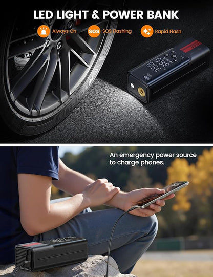 Lamicall Portable Car Tire Inflator - Air Compressor [150 PSI] [4X Faster] Cordless Car Air Pump with Rechargeable Battery, Digital Display Pressure Gauge, LED Light, for Cars, Motorcycles, Bike, Ball