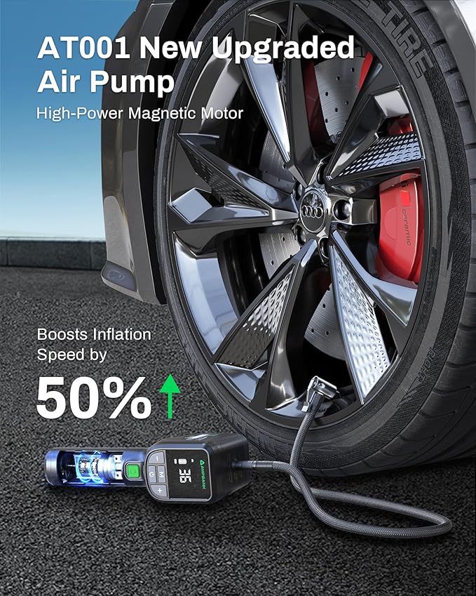 Tire Inflator Portable AMPBANK AT001, Portable Tire Inflator for Car with Pressure Gauge,Auto Air Pump150 PSI, Portable Air Compressor with LED for Car Tires, Motorcycle, SUV, Bicycle, Balls and more
