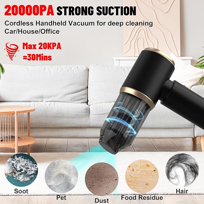 Handheld Car Vacuum Portable Cordless, 20000PA High Power 4 in 1 Vacuum Cleaner & Air Duster & Air Blower with 4000mAh Brushless Motor and Multi-Nozzles for Car (Black)