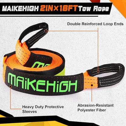 MAIKEHIGH Tow Strap Heavy Duty with Hooks, 2"×16ft 22,000Lbs Tow Rope with D-Ring Shackles (2pcs) + Protective Gloves (2pcs), Emergency Recovery Strap for Car Truck SUV ATV (Orange)