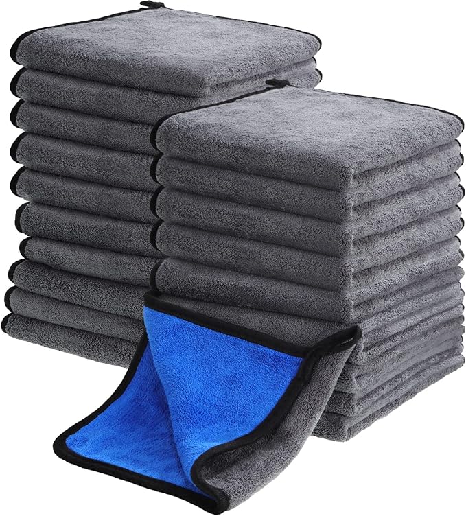 Nuenen 20 Count Microfiber Cleaning Towels for Cars 800 GSM Thick Plush Microfiber Cleaning Cloth Dusting Cloth Auto Detailing Absorbent Towels for Car Kitchen Window, 15.75 Inch(Grey and Blue)