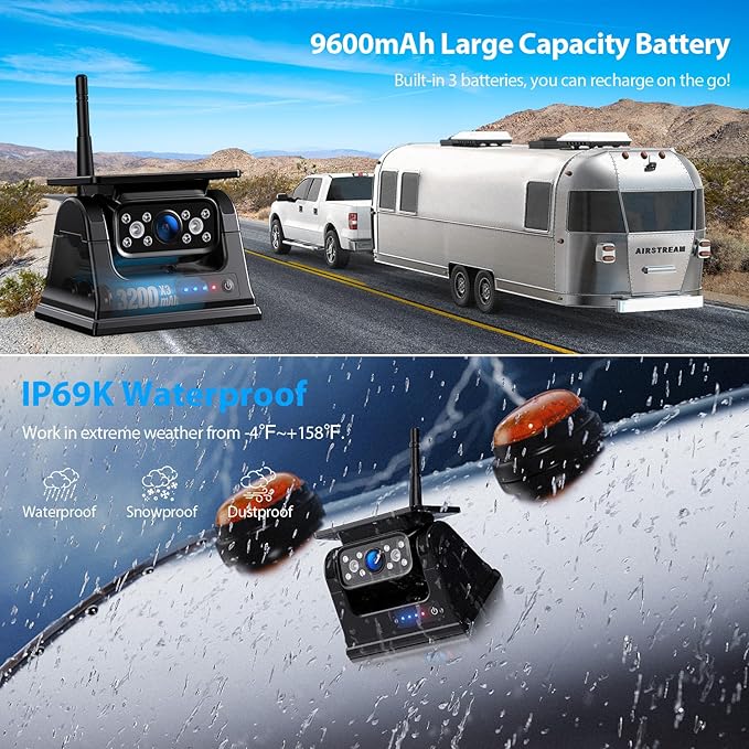 3 Magnetic Solar Wireless Backup Camera HD1080P Loop Recording 10.1 Inch Touchscreen Monitor, Quad RV Rearview Backup Cameras Wireless System for RV Trailer Tractor Truck, BL103