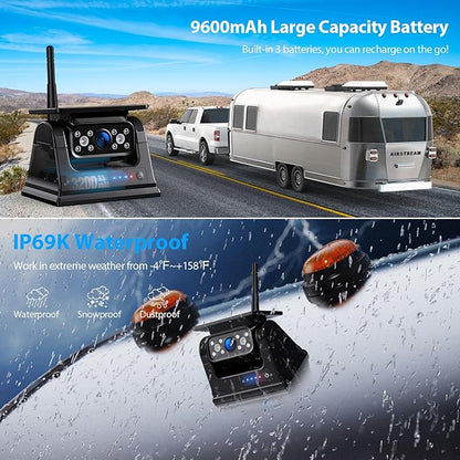 3 Magnetic Solar Wireless Backup Camera HD1080P Loop Recording 10.1 Inch Touchscreen Monitor, Quad RV Rearview Backup Cameras Wireless System for RV Trailer Tractor Truck, BL103