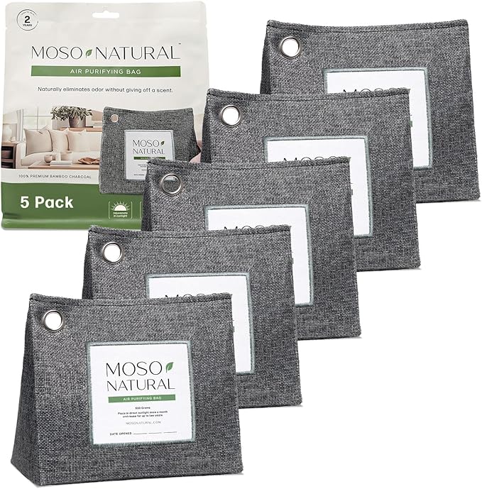 Moso Natural Air Purifying Bag 600g (21oz) Premium Bamboo Charcoal Odor Absorber | Room Deodorizer for Large Spaces, Bedroom, Kitchen, Basement | Pet Odor Eliminator for Home | Unscented (5 Pack)
