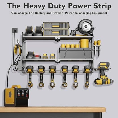 Power Tool Organizer Wall Mount with Charging Station, Cordless Drill and Battery Holder Shelf for Garage Organization,Heavy Duty Metal Tool Rack Storage, Load 300lbs, Built in 5 Outlet Power Strip